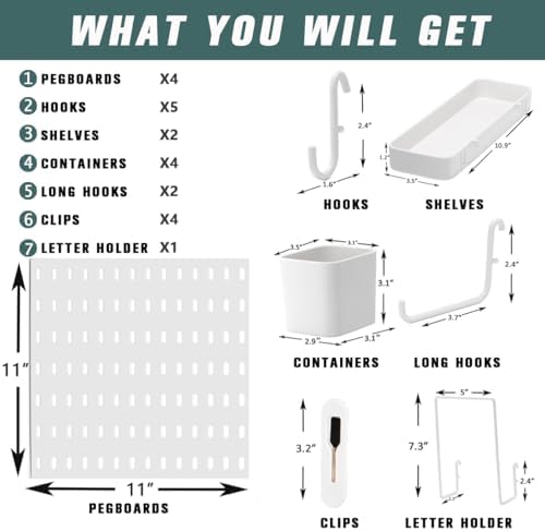 Pegboard Combination Kit for Wall Organizer, Wall Mounted Peg Board Kits for Kitchen, Bedroom, Office, &Bathroom, 4 Pieces White Pegboards and 14 Accessories, 22" x 22" - Image 2