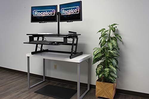 Rocelco 37.5" Deluxe Height Adjustable Standing Desk Converter with Dual Monitor Mount and Anti Fatigue Mat BUNDLE - Sit Stand Up Computer Workstation Riser - Keyboard Tray - Black (R DADRB-DM2-MAF) - Image 3