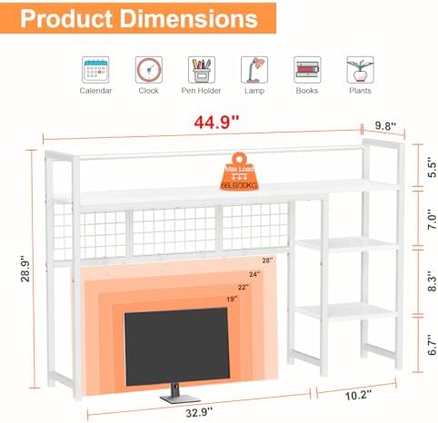 Snughome Desk Shelf, 44.9" Desktop Organizer Shelf, Desk Hutch for Computer Monitor, 4 Tier Desk Display Rack with Pegboard Hooks Set, Wood Desktop Bookshelf for Home Office Dorm - Image 3