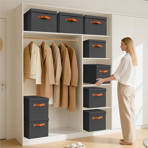 Homsorout Storage Bins with Lids - Large Fabric Closet Bins with Lid, 5 Pack Clothes Organizers and Storage, Collapsible Stackable Cube Basket for Home, Office, Dorm, Black - Image 2