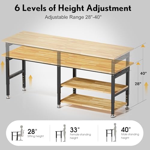 96” Adjustable Work Bench, 2-Layer Heavy Duty Workbench, 6000 LBS Capacity Workbench with Pegboard & Power Outlet, Rubber Wood Work Table for Garage, Office, Workshop, Home - Image 5