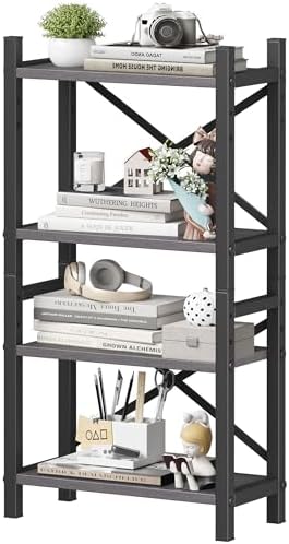 Desktop Bookshelf, 4-Tier Stackable Narrow Bookcase, Adjustable Industrial Desk Organizer & Hutch - Rustic Brown Wood Desktop Book Organizer for Living Room, Bedroom & Home Office by Homeiju