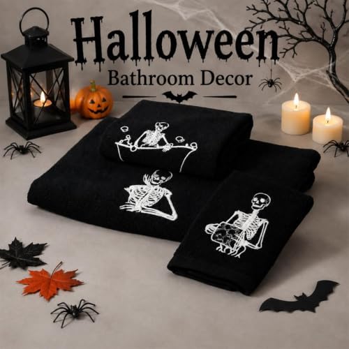 Peryiter 3pcs Halloween Skeleton Bath Towels Black White Decor for Bathroom - Image 6