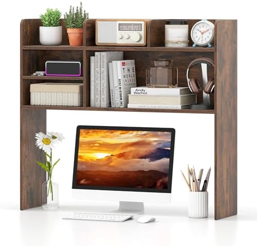 Tangkula Desktop Bookshelf for Computer Up to 32”, 37” Countertop Storage Hutch with 6 Storage Shelves, 3-Tier Desktop Organizer Display Rack, Wooden Desk Hutch for Dorm Home Office (Rustic Brown) by TANGKULA