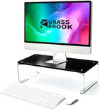 Acrylic Monitor Stand Riser L18.5" x H5" | Multi-Purpose Desk Organizer for Monitor & Laptop, Compatible with PC, Apple Studio Display and Printer, Ideal for Home Workspaces & Office Desks (Black) by GRASSBROOK