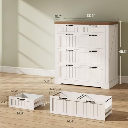 SEDETA Farmhouse File Cabinet with 5 Drawers, Filing Cabinet for Home Office, Wood Office File Cabinets for Letter/Legal/A4 Size, File Cabinets with Printer Stand, White and Brown - Image 2
