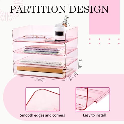Harloon 4 Tier Paper Organizer Clear Pink Letter Tray Acrylic File Tray - Image 2