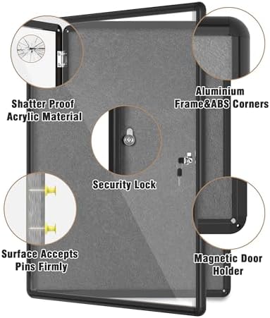 Mifuro 38"x28" Enclosed Bulletin Board, Lockable Weather-Resistant Aluminum Cork Noticeboard for Hospital School & Office, Black Frame w/Grey Flet - Image 3