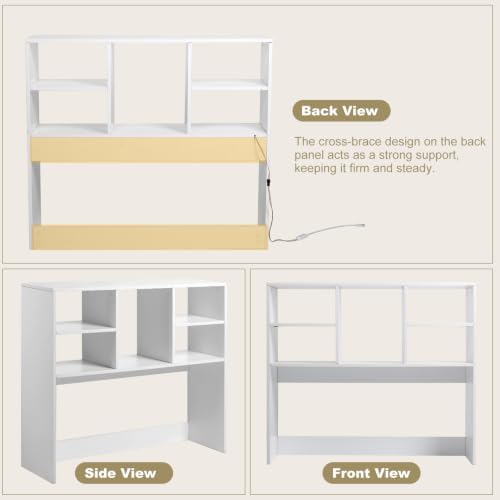Desktop Bookshelf Organizer for College Dorm, Desk Hutch with LED Light Strip, White - Image 5