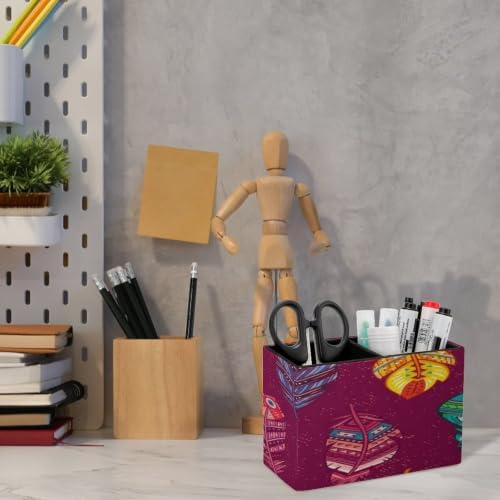 PU Leather Multi-Compartment Pen Holder Desktop Organizer Pencil Cup Storage Caddy for Office Home Supplies Bohemian Style Ethnic Feathers Background - Image 6