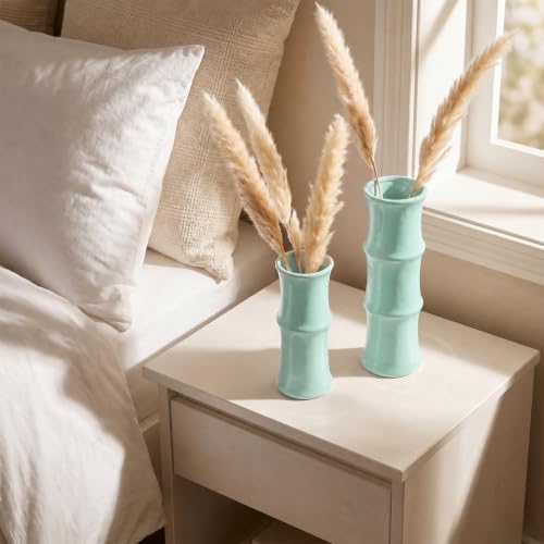 Sage Green Ceramic Bamboo-Inspired Flower Vase Set of 2, Modern Home Decor - Image 6
