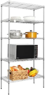 5 Tier Storage Racks Shelving, Heavy Steel Pantry Shelves, Adjustable Wire Shelving Rack, Suitable for Garage, Kitchen, Bathroom, Office, 29" W x 13.4" D x 59" H, Chrome by Unknown