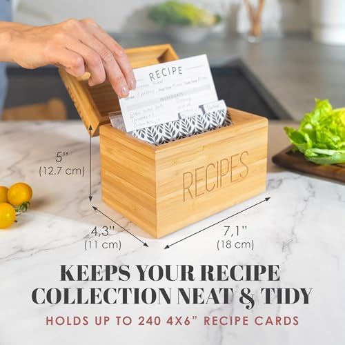 Wooden Recipe Box with 50 Recipe Cards & Dividers, 4x6 Card Holder, Bamboo - Image 3