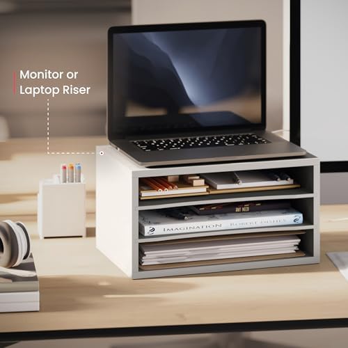 Ballucci Paper Organizer, 3-Tier Stackable Wood Desk Organizer, Document File Organizer and Mail Sorter with Adjustable Storage Shelves, White - Image 4