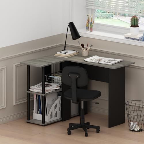 Furinno Abbott L-Shape Computer Desk with Bookshelf, French Oak Grey/Black - Image 2