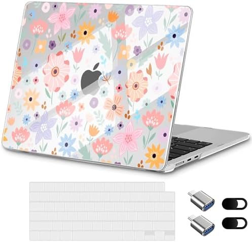 for New MacBook Air 13 inch Case 2026 M5 2025 M4 2024 M3 Chip– Aesthetic Lightweight Floral Design Clear Hard Shell 6-in-1 Bundle with TPU Keyboard Cover & 2X OTG Adapters, Colorful Flowers by Loyrina