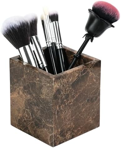 Marble Makeup Brush Holder - Brown Candle Toothbrush Cup for Bathroom Accessories, Decorative Pencil Organizer for Office Desk Aesthetic, Stone Utensil Container for Kitchen Countertop by LWALMS