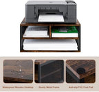 2 Tier Printer Stand with Storage, Wooden Printer Shelf with Metal Frame, Desktop Paper Organizer for Home Office, Multi-Functional Desk Rack for Fax Scanner, Brown - Image 7