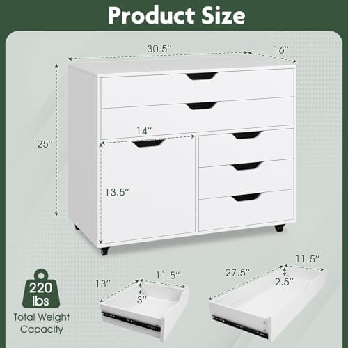 LOKO 5-Drawer Mobile File Cabinet, Wood Office Storage Cabinet (White) - Image 3