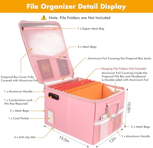 TOMKID 5200°F Fireproof Document Box, Fire Important Document Organizer with Lock, Upgraded Heat Insulated Filing Storage Cabinet Office Organization (5200°F Fireproof Box, Pink) - Image 3