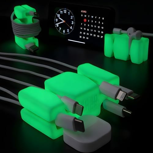 CordBrick 2PK Glowing Silicone + Steel Weighted Cable Holders for Nighstands, Cord Wraps for Travel, Unique iPhone Accessories. Small Graduation Gift for High Schoolers. Gadget for Teens. Green Glow by CordBrick