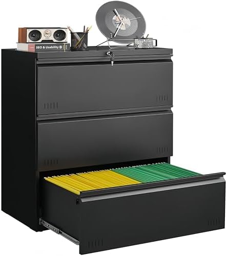 Guizeeopo Metal File Cabinet with Lock, 3 Drawer Lateral File Cabinets for Home Office, Heavy Duty Office Storage Cabinet for A4/Letter/Legal Size, Assembly Required(Black) by GUIZEEOPO