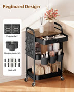 ALVOROG 3 Tier Metal Rolling Cart with Drawer,Wood Top,Pegboards,Black - Image 4