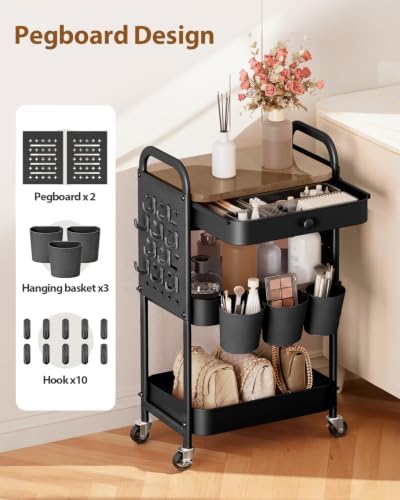 ALVOROG 3 Tier Metal Rolling Cart with Drawer,Wood Top,Pegboards,Black - Image 4