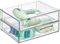 mDesign Wide Plastic Stackable Bathroom Storage Organizer Bin with Pull Out Drawer for Cabinet, Vanity, Shelf, Cupboard, Cabinet, Countertop, Closet Organization - Lumiere Collection - 2 Pack - Clear by mDesign