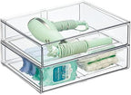 mDesign Wide Plastic Stackable Bathroom Storage Organizer Bin with Pull Out Drawer for Cabinet, Vanity, Shelf, Cupboard, Cabinet, Countertop, Closet Organization - Lumiere Collection - 2 Pack - Clear by mDesign