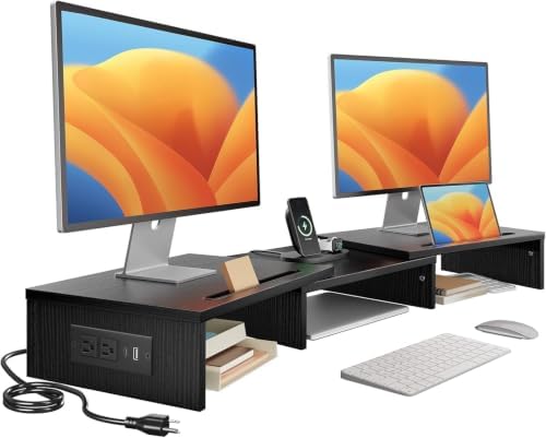 HUANUO Dual Monitor Stand with USB Ports, Adjustable Length & Angle, Black by HUANUO