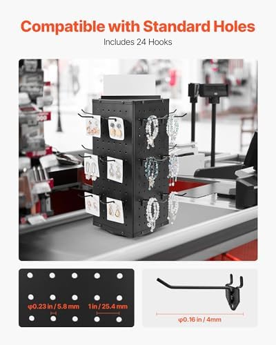 VEVOR Rotating Pegboard Display Stand, 7.4 x 7.4 x 17 in 4-Sided Spinning Peg Board Display with 24 Hooks, Thickened Cold-Rolled Steel Craft Rack Organizer for Grocery Retail Store Jewelry Shop, Black - Image 4