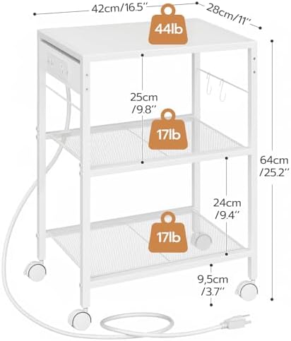 HOOBRO Industrial Printer Stand, 3-Tier Mobile Printer Table, Rolling Cart with Power Outlets and USB Ports, Home Printer Stand with 2 Hooks, for Office, Living Room, White WW22UPS01 - Image 3