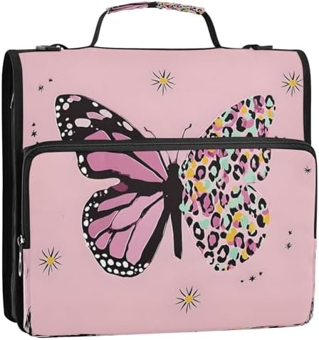 3-Ring Zipper Binder with Shoulder Strap Zip-Up Expanding File Folder Organizer Storage Fireproof Accordion Trapper Keeper Home School Office Three Butterfly (Pink Butterfly) by senya