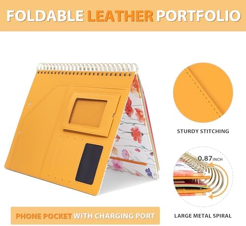 Ospelelf Clipboard with Storage for Women, Leather Padfolio Portfolio Organizer 5 Folders with 10 Pockets, Spiral Clipboard Folio with Notepad for Letter Size, Elastic Closure and Pen Loop Flowers - Image 5
