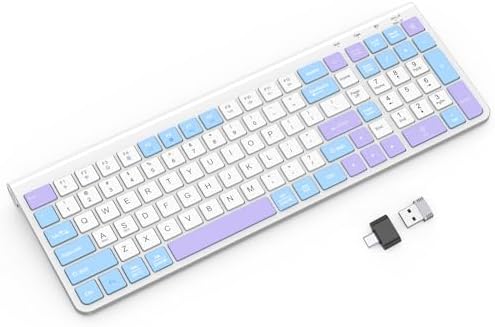 GAMCATZ Colorful Wireless Keyboard with Low-Profile Keys-Soft Touch,Cute,Quiet Design,Windows & Mac OS，Office Cordless Slient Computer Keyboard for Desktop,Laptop, PC, Mac, Windows-Purple Blue White by WirelessKeyboardAndMouse