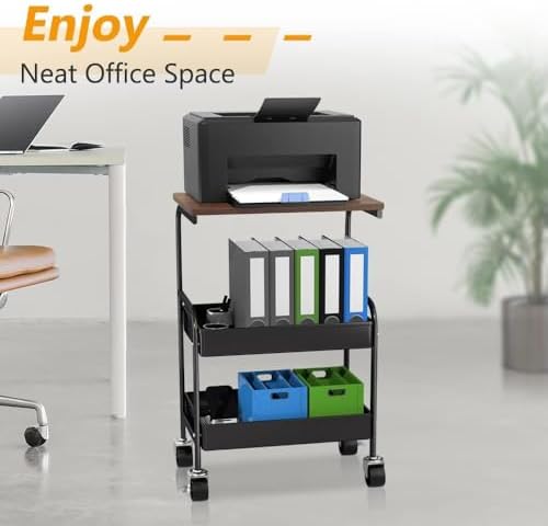 Rolling Cart with Wooden Tabletop, 3 Tier Metal Utility Cart, Rolling Storage Organizer Cart with Lockable Wheels for Kitchen, Office, Bedroom (Black) - Image 2