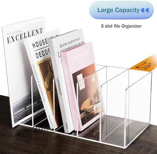 Acrylic Magazine File Holder with 5 Vertical Compartments, Clear Desk Organizer and Magazine Storage Rack File Organizer Bookshelf for Office Desktop Accessories, Home Workspace - Image 5