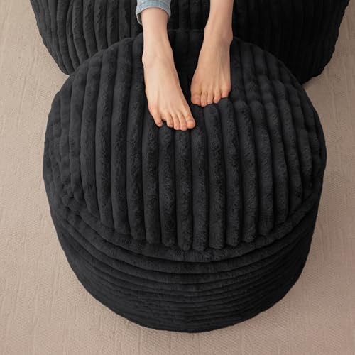 HIGOGOGO Round Stuffed Pouf Ottoman, Corduroy Poufs with High-Density Foam Filling, Furry and Fluffy Pouf Foot Stool Storage Ottoman, 20 X 15 Floor Poufs Foot Rest for Living Room, Black by HIGOGOGO