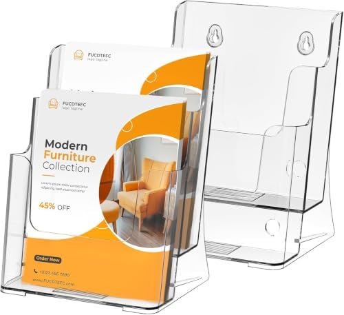 FUCDTEFC 2 Pack Acrylic Brochure Holder 8.5x11 & 4 x9 Inches, Clear 2 Tier Literature Magazine Stand Brochure Display Stand w Removable Divider Universal, Flyer Holder for Wall Mount or Countertop by FUCDTEFC