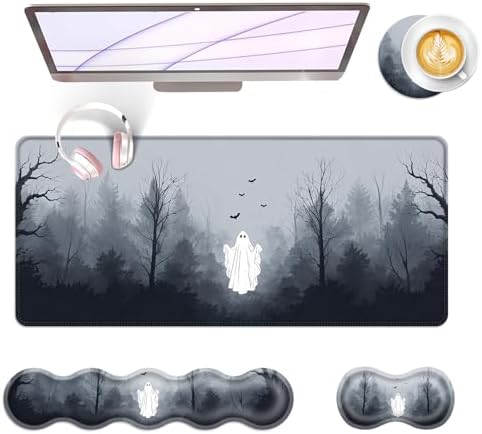 Large Keyboard Mouse Pad Set, Extended Mouse Pad+Keyboard Wrist Rest Support, Memory Foam Ergonomic Easy Typing, 4Pcs (31.5×11.8 in) Desk Pad Set for Office Home,Ghost in Misty Forest by Unknown