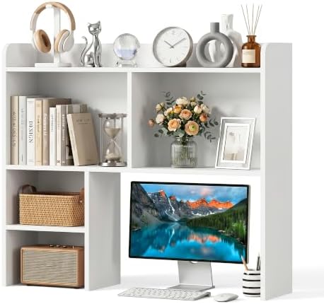JupiterForce Desktop Bookshelf, Wooden Desktop Hutch Desk Shelf Storage Rack for Home Office, Study, Dorm Room, Multi-Compartment Desktop Organizer (White, 4 Shelves) by JupiterForce