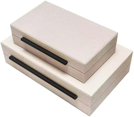 Sagala Set of 2 Beige Shagreen Decorative Boxes With Black Metal Handles, Faux Leather Jewelry Boxes Modern Storage Boxes Photo Boxes Memory Boxes Home Organizer (Beige-Black Handle) - Image 2
