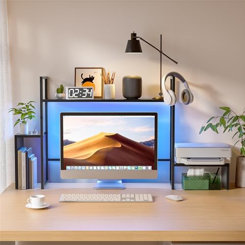 WelFurGeer LED Desk Shelf Organizer with RGB Light Strip, 2-Tier Desktop Shelf for Computer Monitor, Sturdy Metal Frame & Wood Shelves - Desk Hutch Bookshelf for Home Office, Dorm, Gaming (Black) - Image 2