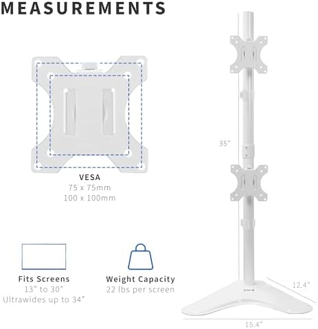 VIVO Dual Monitor Desk Stand Free-Standing LCD Mount, Holds in Stacked Vertical Position 2 Ultrawide Screens up to 34 inches, White, STAND-V002LW - Image 3
