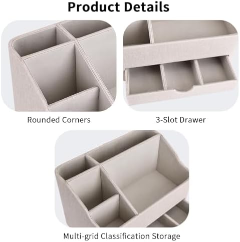 KINGFOM PU Leather Desk Organizer with Drawer, 5 Compartments Desktop Storage Caddy for Office & Home Supplies, Pen Holder for Remote Control, Phone & Accessories, Mail Organizer Countertop(Beige) - Image 4