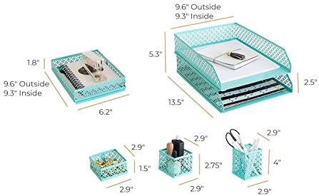 BLU MONACO | Aqua Desk Organizer Set for Women 6 Piece | Mail Sorter Organizer Countertop with Letter Sorter for Desk | Standing File Organizer with Mesh Pen Holders - Image 6