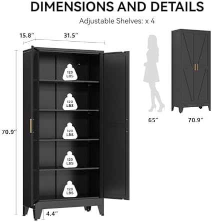 COFaR 71" Modern Pantry Cabinet in Black, 5-Tier Storage Cabinet with Adjustable Shelves, Industrial Steel Cupboard for Kitchen, Office & Living Room Organization - Image 2