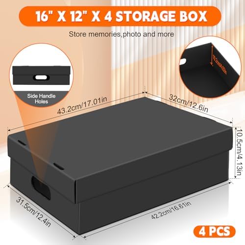 AOBOPLE 4 Pack Photo Storage Box,16" x 12" x 4" Keepsake Box with Handle Holes,Protective Storage Box for Photos Pictures Documents Artwork DIY and Souvenir,Home and Office Organizer - Image 2