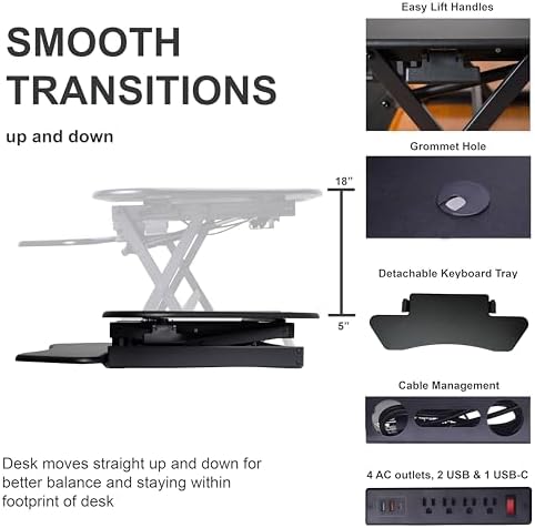 Rocelco 46" Height Adjustable Corner Standing Desk Converter with AC Outlet and USB Charger - Sit Stand Up Dual Monitor Tabletop Riser Workstation - Large Keyboard Tray - Black (R CADRB-46-ACUSB) - Image 2